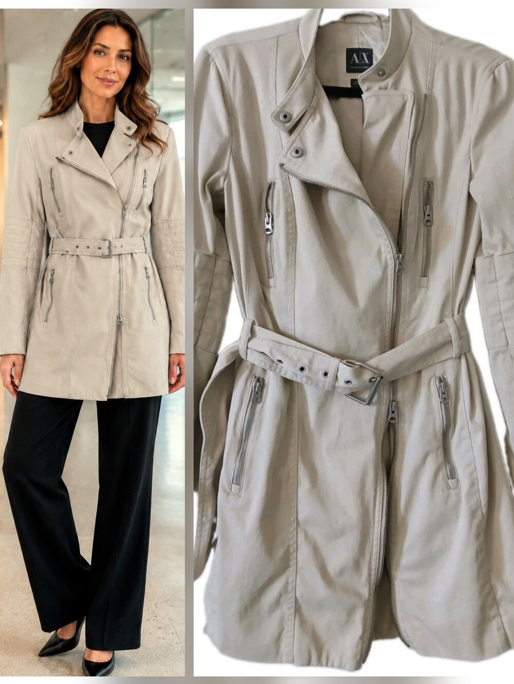 ARMANI Exchange Women's Ivory Moto Mid-length Jacket Belted Trench Coat Size S